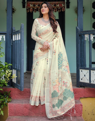 Tasrika Floral Print Bollywood Linen Saree(Cream)