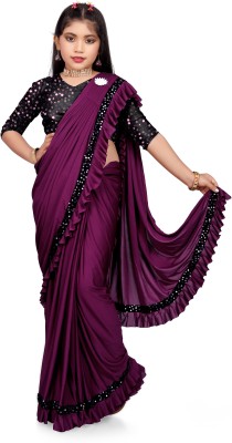 HARIOM FASHION Solid/Plain Bollywood Lycra Blend Saree(Purple)
