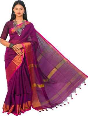 PHULKI TEXTILE Striped, Woven, Self Design Handloom Handloom Khadi Saree(Purple)