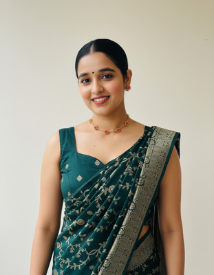 CKDESIGNER Woven Banarasi Jacquard Saree(Dark Green)