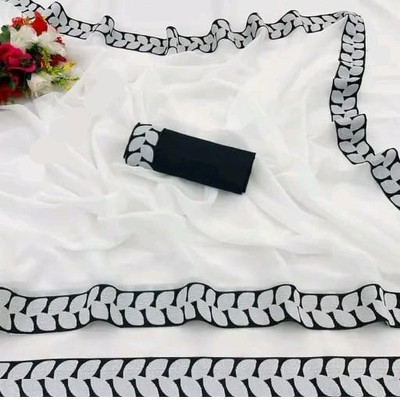 OKTAT Solid/Plain Bollywood Georgette Saree(Black, White)