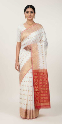 S G SAREES Woven, Self Design Jamdani Handloom Cotton Blend Saree(White)
