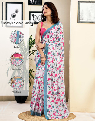 Samah Floral Print, Geometric Print, Printed Daily Wear Pure Cotton Saree(White, Grey, Pink)