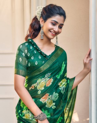 Siril Woven, Striped, Floral Print Daily Wear Cotton Blend Saree(Dark Green, Multicolor)
