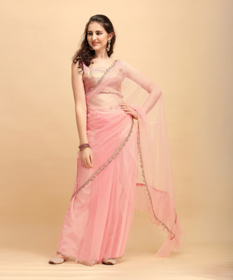 Sangria Solid/Plain Daily Wear Net Saree(Pink)