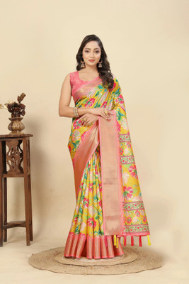 J6 Designers Self Design, Checkered, Printed Madhubani Cotton Silk Saree(Yellow)