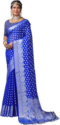 Virendra Textiles Woven Banarasi Silk Blend Saree(Blue)