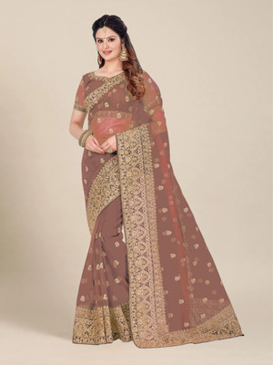 M.S.RETAIL Embroidered Bollywood Net Saree(Orange)