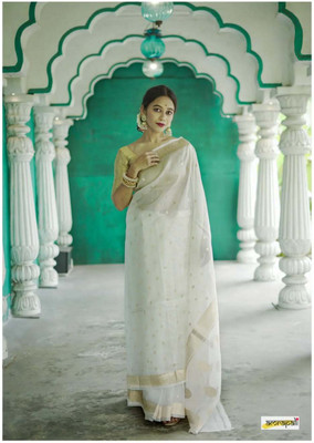 MIRMAN Woven Kanjivaram Pure Cotton Saree(White)