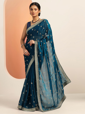 LIBAS Embellished Daily Wear Chiffon Saree(Blue)