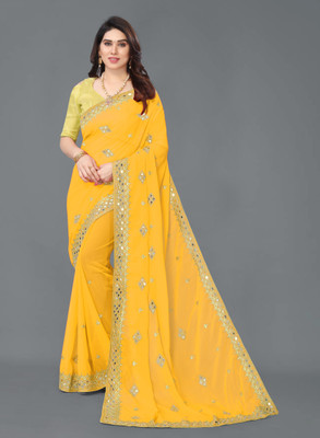 NFL NQUEEN Embellished Bollywood Georgette Saree(Yellow)