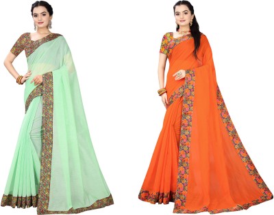 manish Solid/Plain Chanderi Cotton Blend Saree(Pack of 2, Orange, Light Green)