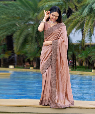 Samah Dyed, Embroidered, Embellished Bollywood Silk Blend Saree(Brown)