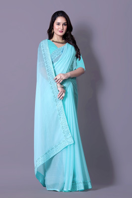 Lapetiya Clothing Embroidered Bollywood Chiffon Saree(Light Blue)