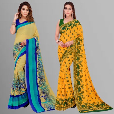 Anand Sarees Floral Print Daily Wear Georgette Saree(Pack of 2, Beige, Green, Multicolor)