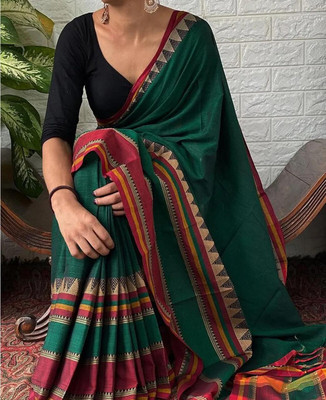 Mayaa Woven Handloom Cotton Blend Saree(Dark Green)