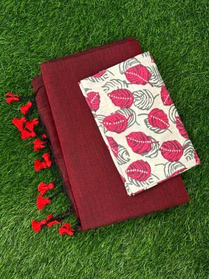 TARAMAACREATION Solid/Plain Bollywood Handloom Pure Cotton Saree(Maroon, White)