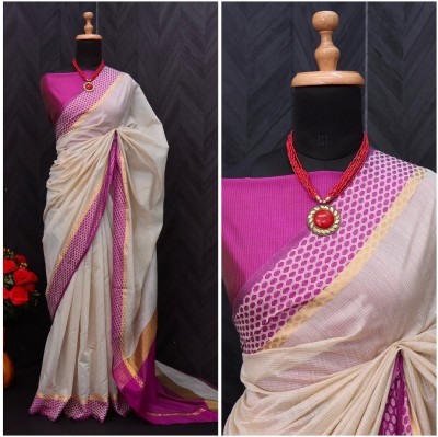 GajGajra Woven Kota Doria Cotton Silk Saree(White)