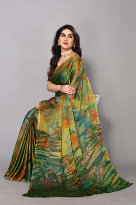 Divastri Printed, Floral Print Daily Wear Chiffon, Georgette Saree(Dark Green)