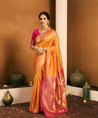 SIRIL Woven, Embellished Paithani Silk Blend, Jacquard Saree(Yellow, Pink)