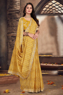 LADALI Embroidered Bandhani Art Silk Saree(Yellow)