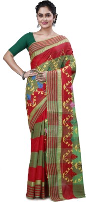 DipDiya Embroidered Tant Pure Cotton Saree(Red, Light Green)