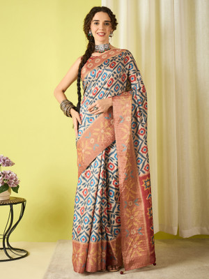 Sareemall Printed Ikkat Silk Blend Saree(Beige)