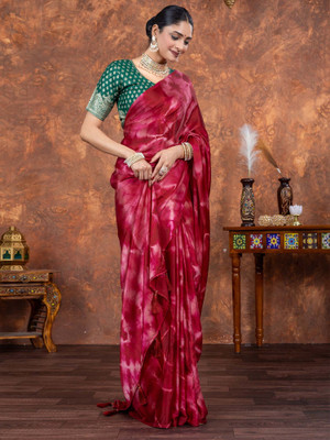 Tasrika Printed Hand Batik Satin Saree(Brown)