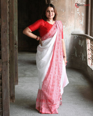 Joyguru Textile Self Design Handloom Pure Cotton Saree(White)