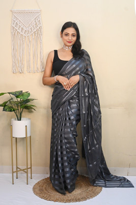 Moda Rapido Embellished, Striped Bollywood Satin Saree(Grey)