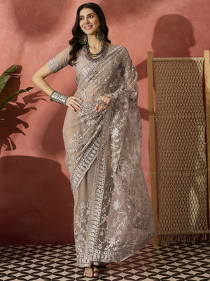 Sangria Embroidered Saree with Attached Blouse Net Saree(Grey)