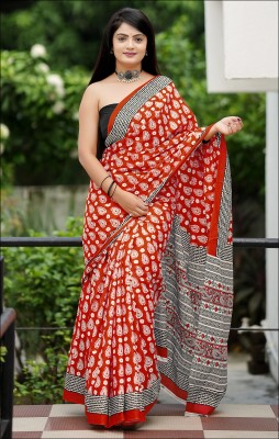 MULL SUTRA Printed Handloom Pure Cotton Saree(Orange)