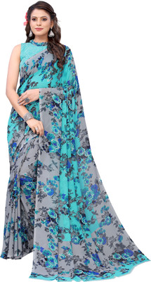 ANIRAV Floral Print Bollywood Georgette Saree(Light Blue)