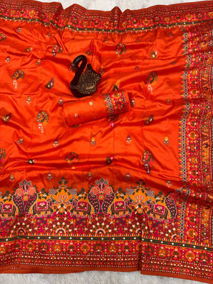 MOON VOGUE Woven Banarasi Silk Blend Saree(Orange)