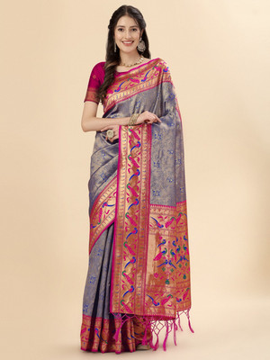 Divastri Woven Paithani Pure Silk Saree(Dark Blue)