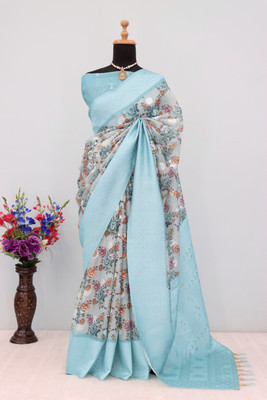 SANJEVAY Floral Print Bollywood Linen Saree(Multicolor)
