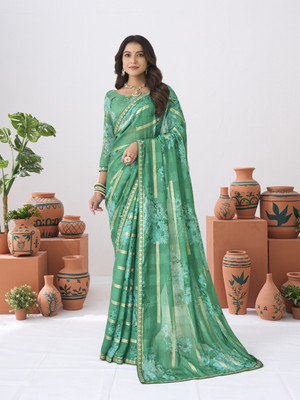 Laxmipati sarees Printed Saree with Attached Blouse Silk Blend Saree(Green)