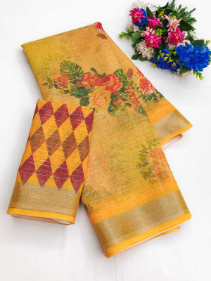 AARADHYA Printed Bollywood Cotton Linen Saree(Yellow)