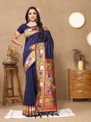 Niwaa Printed, Self Design, Embellished, Woven, Animal Print, Blocked Printed Paithani Jacquard, Silk Blend Saree(Dark Blue)