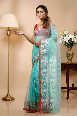 AKfasionN Embroidered Handloom Muslin Saree(Light Blue)
