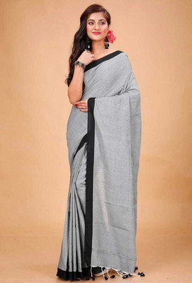 BongAp Self Design Chanderi Cotton Blend Saree(Silver)