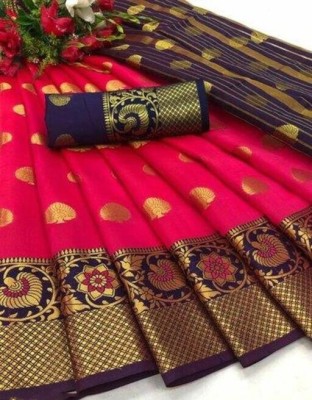 Pionex Woven Banarasi Cotton Silk Saree(Dark Blue, Pink)