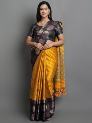 GLOWMOROUS Woven Dharmavaram Jacquard Saree(Gold, Black)