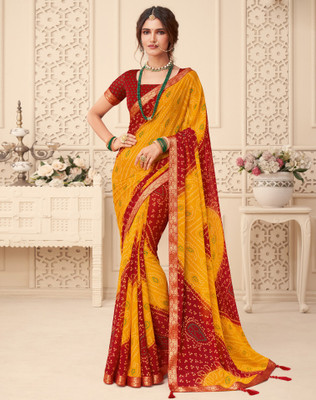 SIRIL Printed Bandhani Chiffon Saree(Red, Yellow)