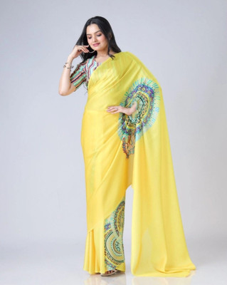 ABSECOM Printed Daily Wear Crepe Saree(Yellow)