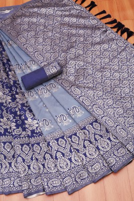 Om Shantam sarees Self Design, Woven, Embellished Bollywood Jacquard, Art Silk Saree(Blue, Grey)