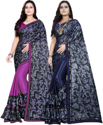 DECOFIN Embellished, Floral Print Bollywood Lycra Blend Saree(Pack of 2, Purple, Blue)