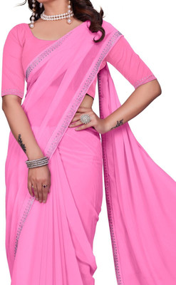 Suhagiya Solid/Plain Palazzo Saree Georgette Saree(Pink)