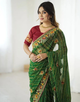sareya veela Printed Bandhani Georgette Saree(Green)