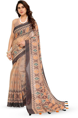 Moda Rapido Printed Bollywood Linen Saree(Beige)